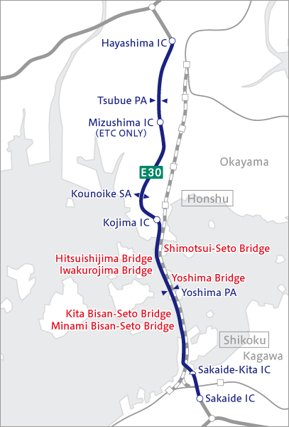 Map of E30 Seto-Chuo Expressway (Seto-Ohashi Bridges)
