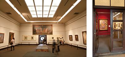 （写真左）広々とした館内に並ぶ西洋絵画（写真右）児島虎次郎の作品「和服を着たベルギーの少女」が、最初に出迎えてくれる