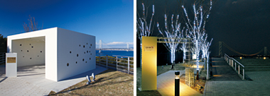 （左）モニュメントのデザインは、神戸芸術工科大学によるものです（右）夜にはイルミネーションが輝く遊歩道
