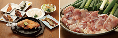 （写真左）阿波尾鶏三昧コース（3,500円）（写真右）もも肉と地元産の渭東ネギの陶板焼きは火入れが重要