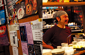 （写真左）入り口や店内にライブ情報などのフライヤーも（写真右）マスターの蜂谷龍司さん