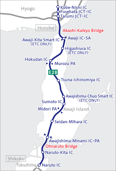 Map of the E28 Kobe-Awaji-Naruto Expressway
