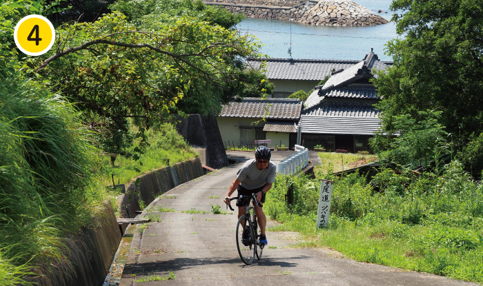 小さな漁村が点在し少し手強いアップダウンもある荘内半島周辺の道。対向車に注意して進みたい。