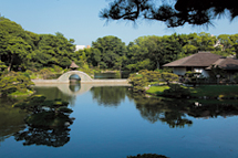 池の周辺に渓谷や橋、茶室などが配置された縮景園