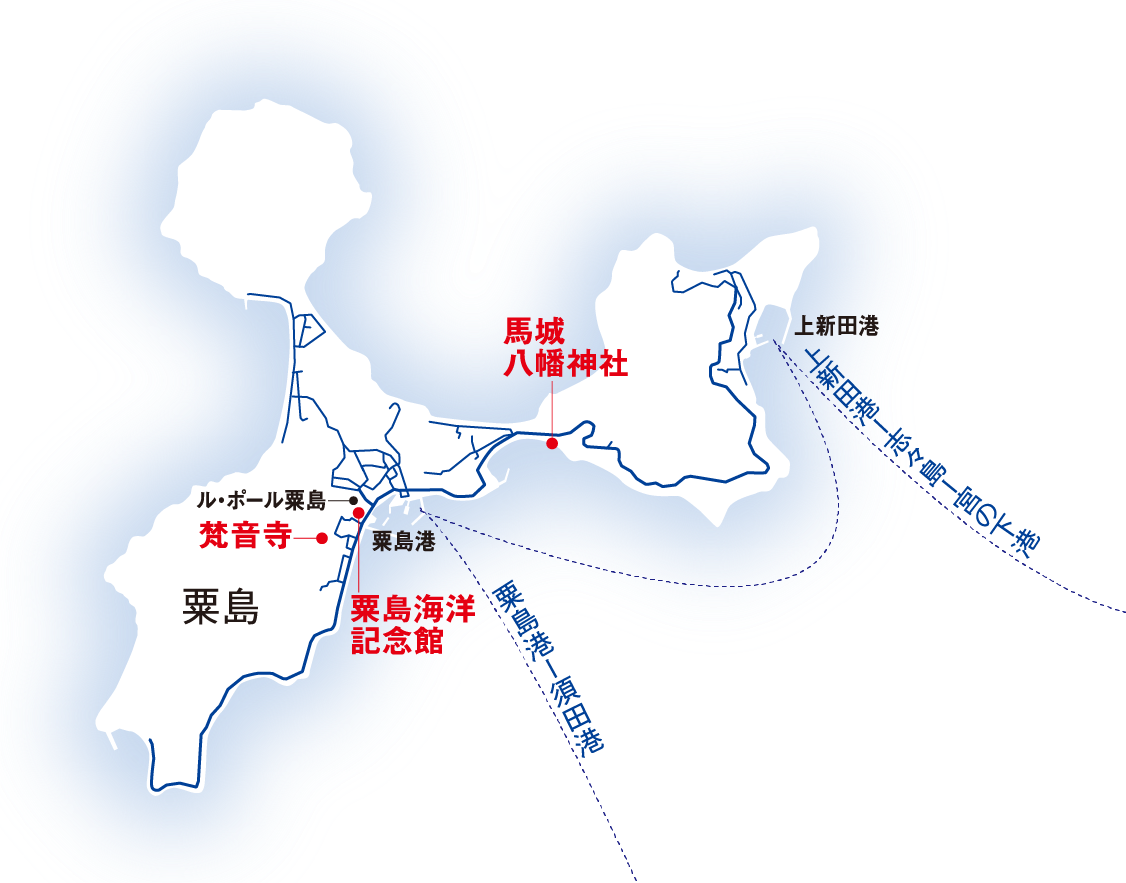 島へのアクセスは…須田港から粟島港までフェリーで15分。宮の下港から旅客船で志々島経由で上新田港（粟島）まで35分、粟島港まで50分