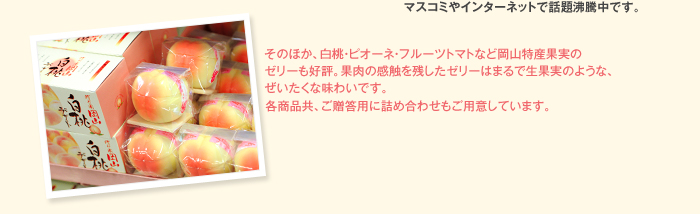 そのほか、白桃・ピオーネ・フルーツトマトなど岡山特産果実のゼリーも好評。果肉の感触を残したゼリーはまるで生果実のような、ぜいたくな味わいです。各商品共、ご贈答用に詰め合わせもご用意しています。