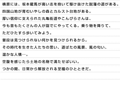 梼原には、坂本龍馬が高い志を抱いて駆け抜けた脱藩の道がある。四国山地が育むいやしの森とカルスト台地がある。厚い信仰に支えられた丸亀街道やこんぴらさんは、今も昔もたくさんの人が詣でにやってくる。乗り物を降りて、ただひたすら歩いてみよう。普段は見つけられない何かを見つけられるから。その時代を生きた人たちの思い、道ばたの風景、風の匂い、温かな人情…。空腹を感じたら土地の名物で満たせばいい。つかの間、日常から解放される至福のひとときだ。