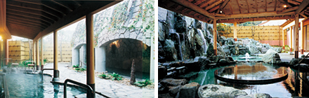（写真左）洞くつのある「静の湯」（写真右）ダイナミックな景観の「動の湯」露天風呂