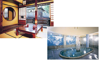 （写真左）「霊の湯」3階には、風情ある個室も（写真右）大浴場の「神の湯」