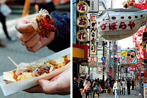 （写真左）あちこちにたこ焼きや、お好み焼きの店が（写真右）道頓堀のシンボル・くいだおれ太郎やフグも